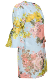 Current Boutique-Lela Rose - Pastel Blue, Pink & Yellow Watercolor Floral Bell Sleeve Shift Dress Sz 6