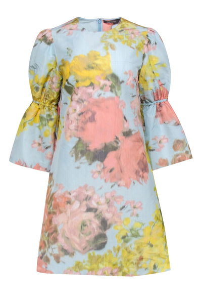 Current Boutique-Lela Rose - Pastel Blue, Pink & Yellow Watercolor Floral Bell Sleeve Shift Dress Sz 6