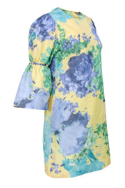 Current Boutique-Lela Rose - Pastel Yellow, Green & Purple Watercolor Floral Bell Sleeve Shift Dress Sz 6