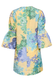 Current Boutique-Lela Rose - Pastel Yellow, Green & Purple Watercolor Floral Bell Sleeve Shift Dress Sz 6