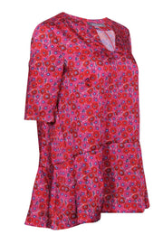 Current Boutique-Lela Rose - Pink, Red & Purple Floral Print Blouse w/ Peplum Hem Sz 4