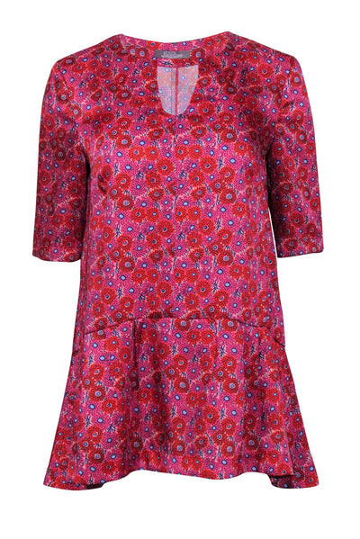 Current Boutique-Lela Rose - Pink, Red & Purple Floral Print Blouse w/ Peplum Hem Sz 4