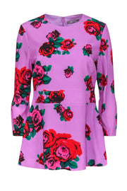 Current Boutique-Lela Rose - Purple & Red Rose Print Peplum Blouse Sz 6