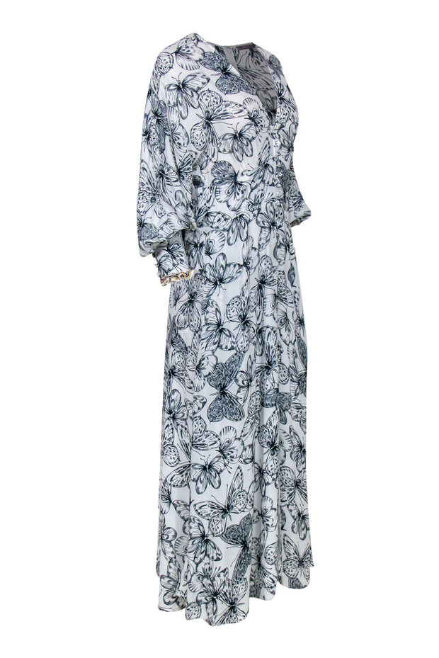 Current Boutique-Lela Rose - White & Navy Butterfly Print Long Sleeve Button-Up Maxi Dress Sz 6