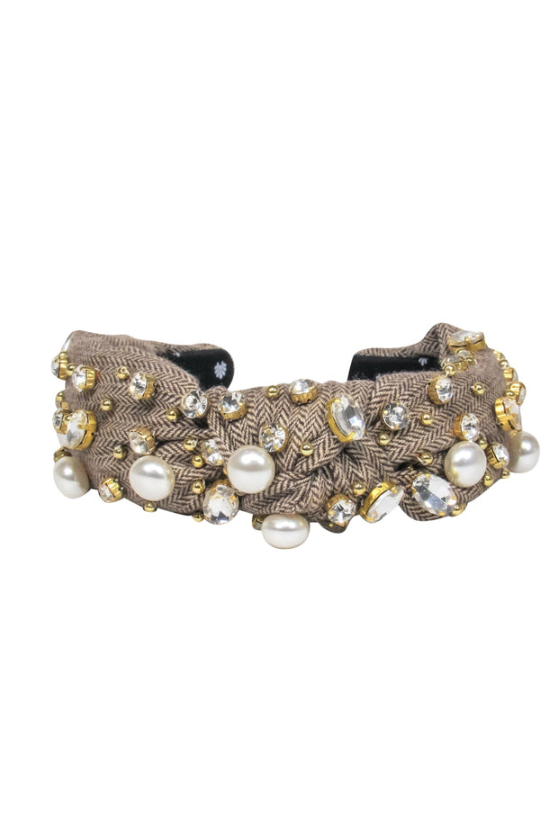 Current Boutique-Lele Sadoughi - Brown Tweed Top Knot Headband Embellished w/ Rhinestones & Pearls