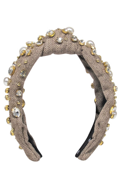 Current Boutique-Lele Sadoughi - Brown Tweed Top Knot Headband Embellished w/ Rhinestones & Pearls