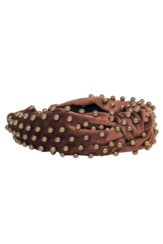 Current Boutique-Lele Sadoughi - Brown Velour Knotted Headband w/ Gold Beading