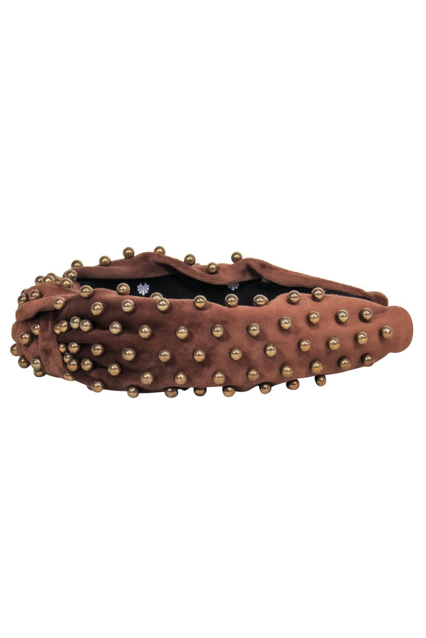 Current Boutique-Lele Sadoughi - Brown Velour Knotted Headband w/ Gold Beading