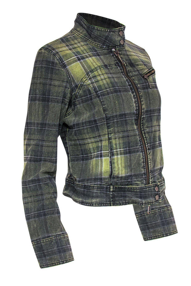 Current Boutique-Les Copains - Green Plaid Zip-Up Denim Jacket Sz 8