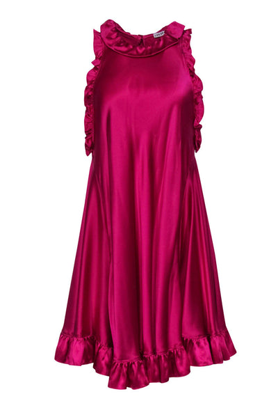 Current Boutique-Les Reveries - Saturated Pink Silk Shift Dress w/ Ruffle Hem Sz 6