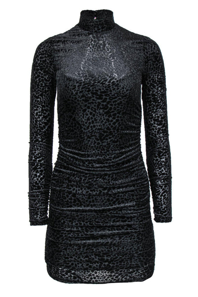 Current Boutique-Likely - Black Velvet Leopard Embossed Ruched Long Sleeve Bodycon Dress Sz 0