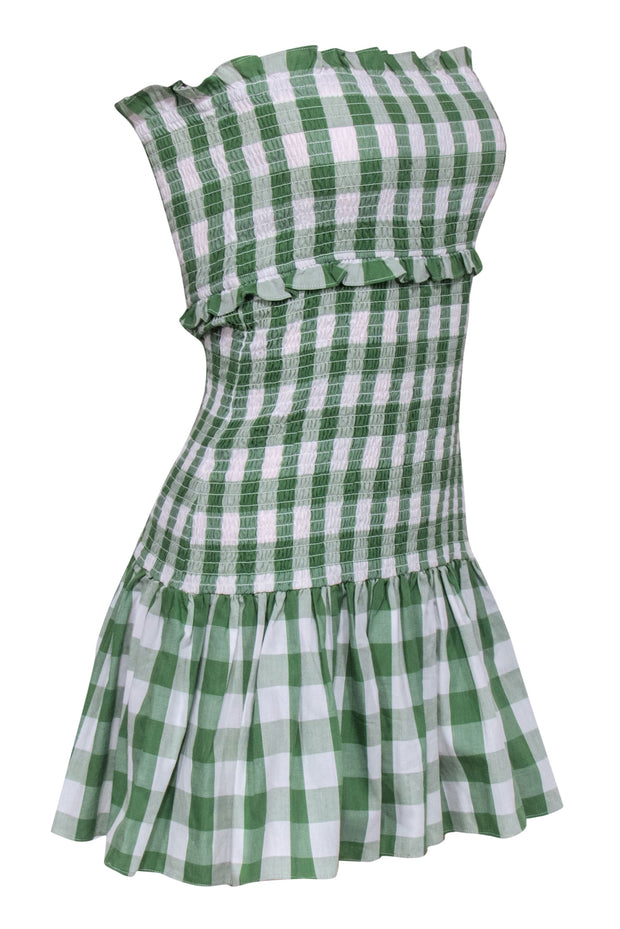Current Boutique-Likely - Green & White Gingham Smocked Strapless "Cherelle" Mini Dress Sz 4