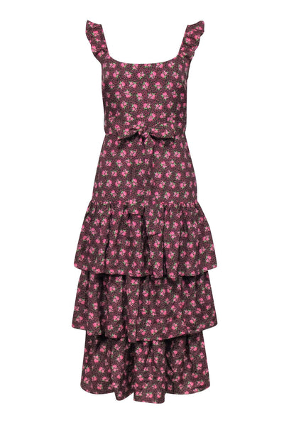 Current Boutique-Likely – Pink & Black Ditzy Floral Print w/ Ruffles Midi Dress Sz 4