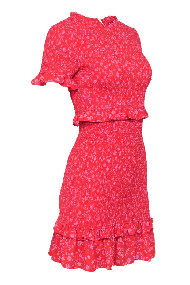 Current Boutique-Likely - Red & Purple Floral Print Smocked "Faye" Bodycon Dress w/ Ruffles Sz 6