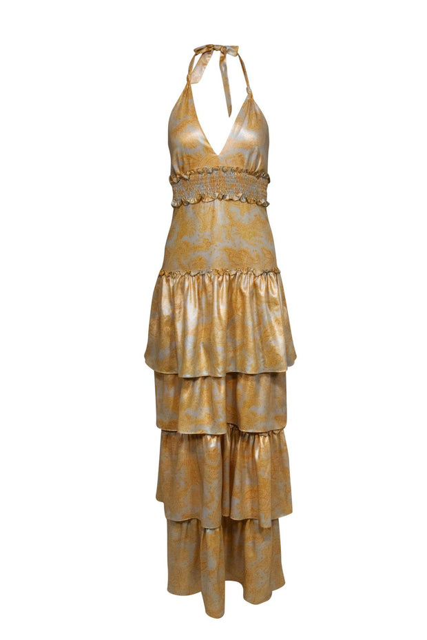Current Boutique-Likely - Yellow & Silver Paisley Print Tiered Halter Maxi Dress Sz 0