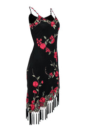 Current Boutique-Lillie Rubin - Black & Red Floral Embroidered Silk Dress w/ Asymmetrical Hem & Tassels Sz 4