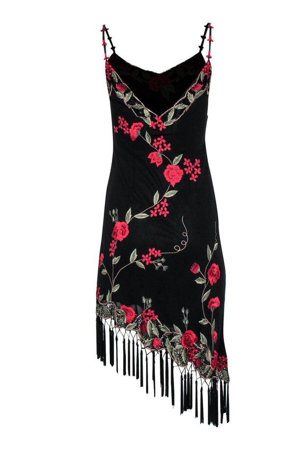 Current Boutique-Lillie Rubin - Black & Red Floral Embroidered Silk Dress w/ Asymmetrical Hem & Tassels Sz 4