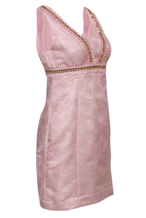 Current Boutique-Lilly Pulitzer - Baby Pink Metallic Brocade Sheath Dress w/ Beading Sz 2