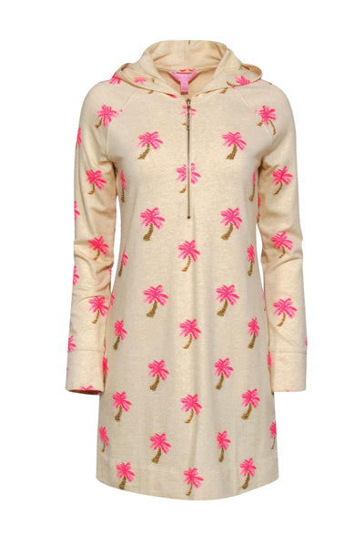Current Boutique-Lilly Pulitzer - Beige & Pink Beaded Palm Tree Print "Skipper" Hoodie Dress Sz S