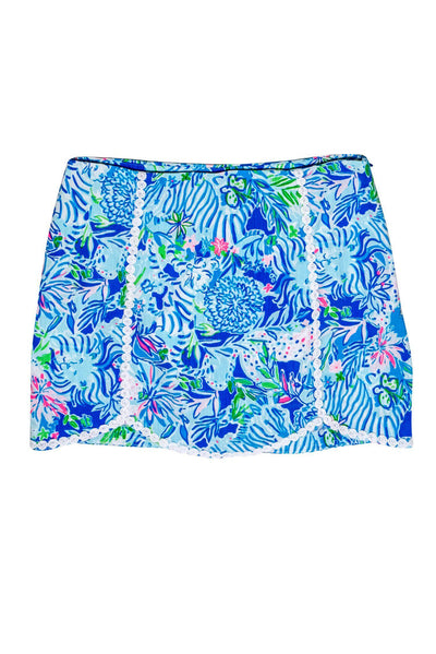 Current Boutique-Lilly Pulitzer - Blue Floral & Cat Print Skort w/ White Embroidery Sz 10