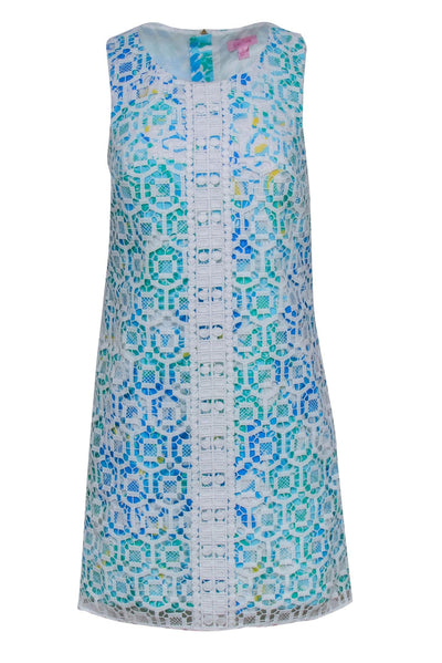 Current Boutique-Lilly Pulitzer - Blue Floral Print Shift Dress w/ White Crochet Sz 2