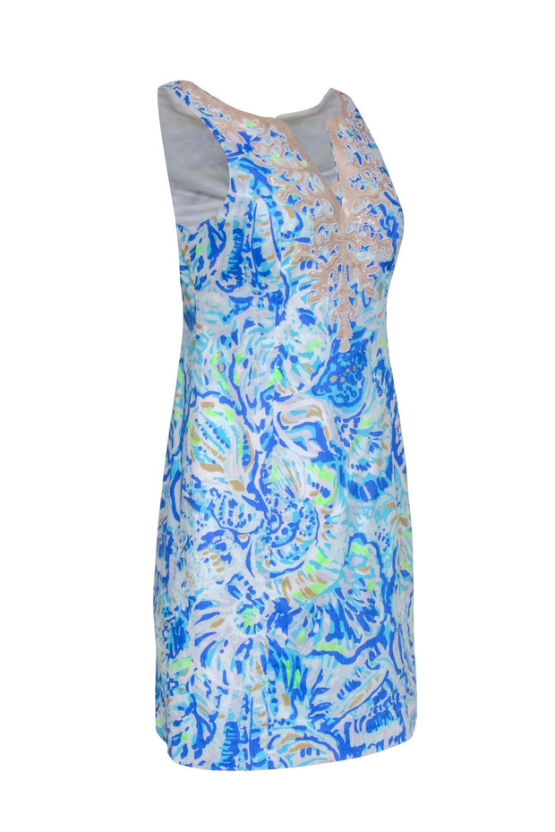 Current Boutique-Lilly Pulitzer - Blue & Green Coral Print Shift Dress w/ Coral Embellishment Sz 4