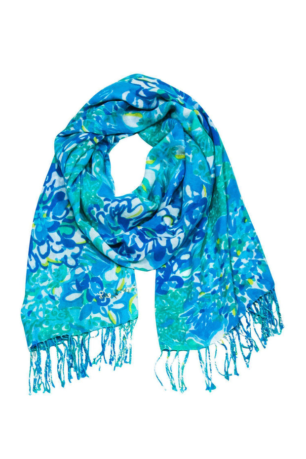 Current Boutique-Lilly Pulitzer - Blue & Green Floral Print Scarf w/ Tassels