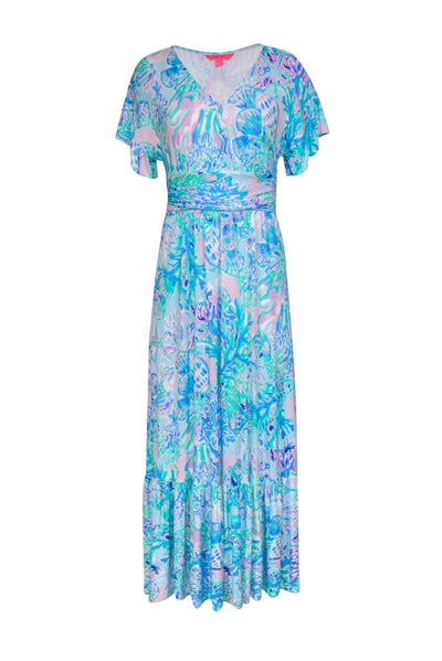 Current Boutique-Lilly Pulitzer - Blue, Green & Purple Shell & Coral Print Maxi Dress Sz S