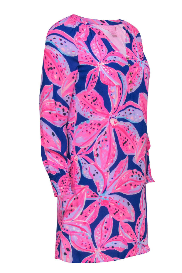 Current Boutique-Lilly Pulitzer - Blue & Hot Pink Floral Dress w/ Notched Neckline Sz XXS