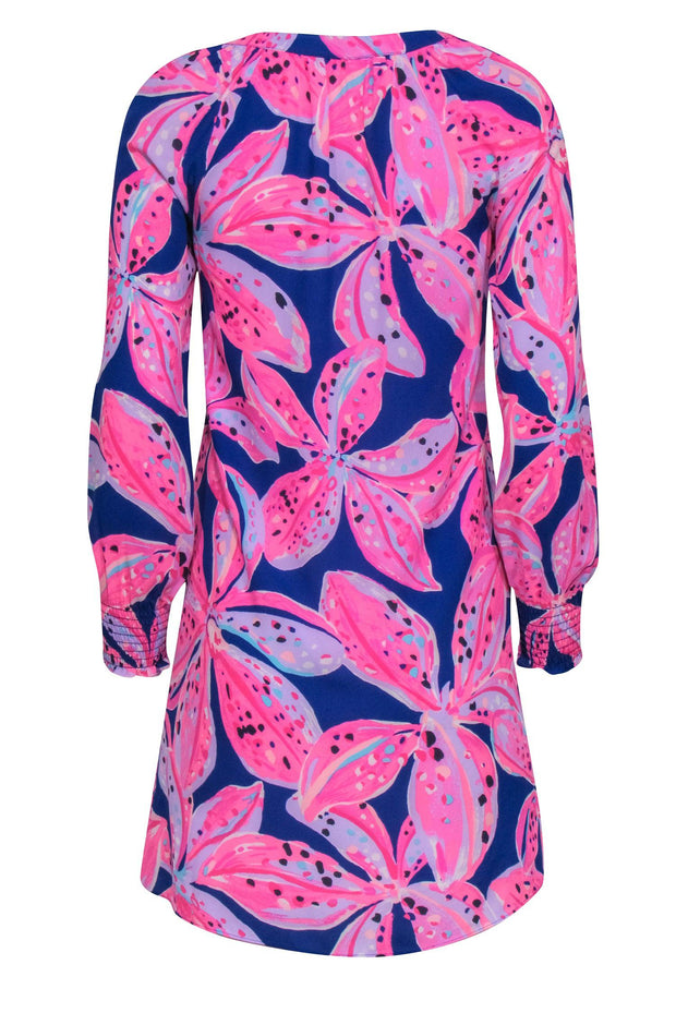 Current Boutique-Lilly Pulitzer - Blue & Hot Pink Floral Dress w/ Notched Neckline Sz XXS