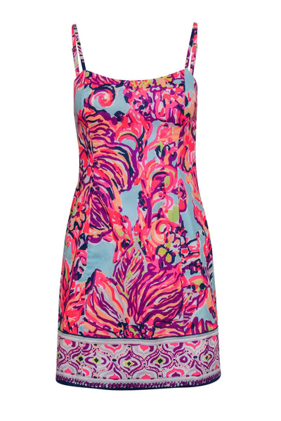 Current Boutique-Lilly Pulitzer - Blue & Neon Pink Floral Print Sleeveless Sheath Dress Sz 2