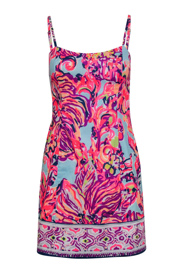 Current Boutique-Lilly Pulitzer - Blue & Neon Pink Floral Print Sleeveless Sheath Dress Sz 2