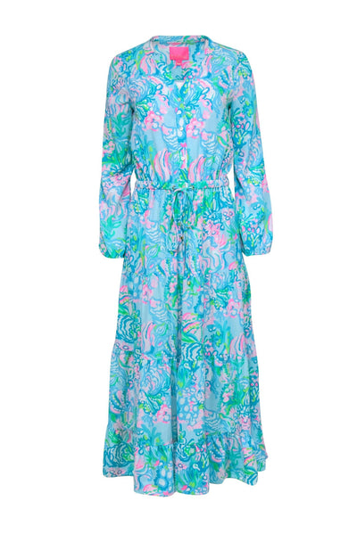 Current Boutique-Lilly Pulitzer - Blue & Neon Pink Tropical Print Button-Front Maxi Dress Sz 2