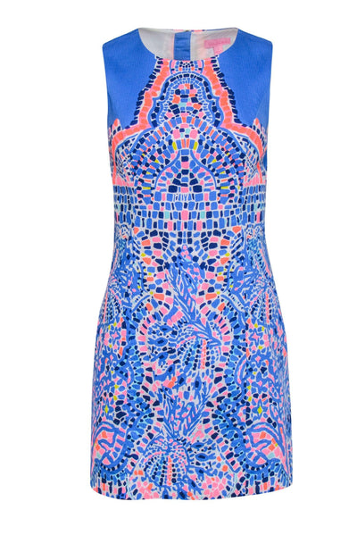 Current Boutique-Lilly Pulitzer - Blue, Neon Pink & Yellow Mosaic Print Sleeveless Sheath Dress Sz 2