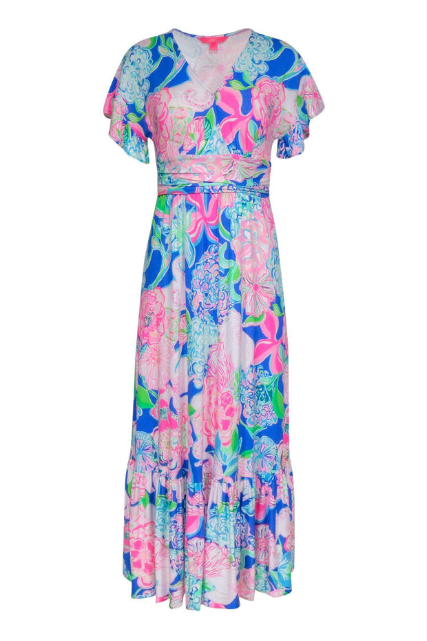 Current Boutique-Lilly Pulitzer - Blue, Pink & Green Floral Print Short Sleeve Maxi Dress Sz XS