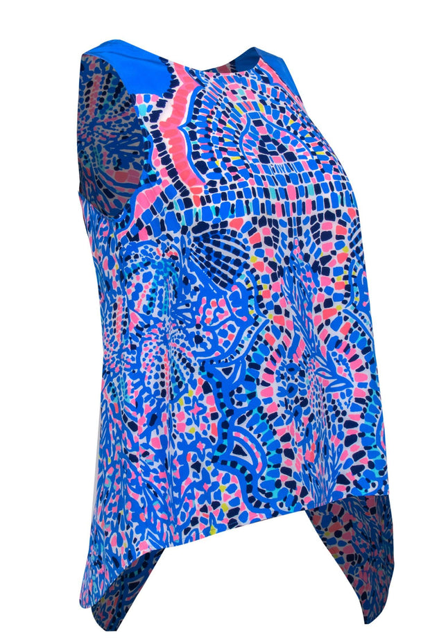 Current Boutique-Lilly Pulitzer - Blue & Pink Mosaic Printed Silk Tank Sz XS