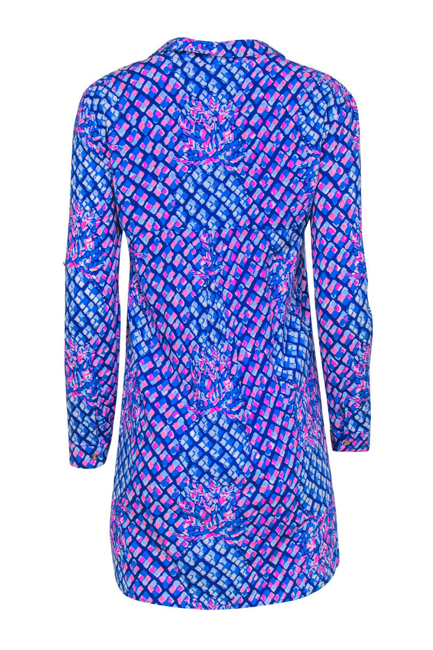 Current Boutique-Lilly Pulitzer - Blue & Pink Pineapple Print Collared Shirtdress w/ Pockets Sz XXS