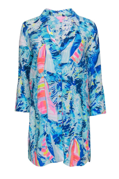 Current Boutique-Lilly Pulitzer - Blue & Pink Sailboat Printed Shirt Dress Sz XS