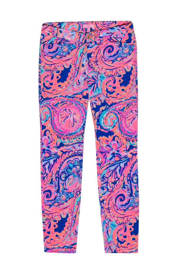 Current Boutique-Lilly Pulitzer - Blue & Pink Textured Paisley Print Skinny Pants Sz 0