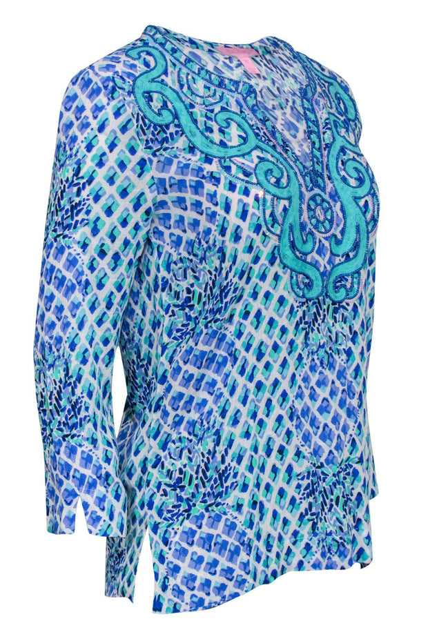 Current Boutique-Lilly Pulitzer - Blue Printed Peasant Blouse w/ Sequins Sz XS