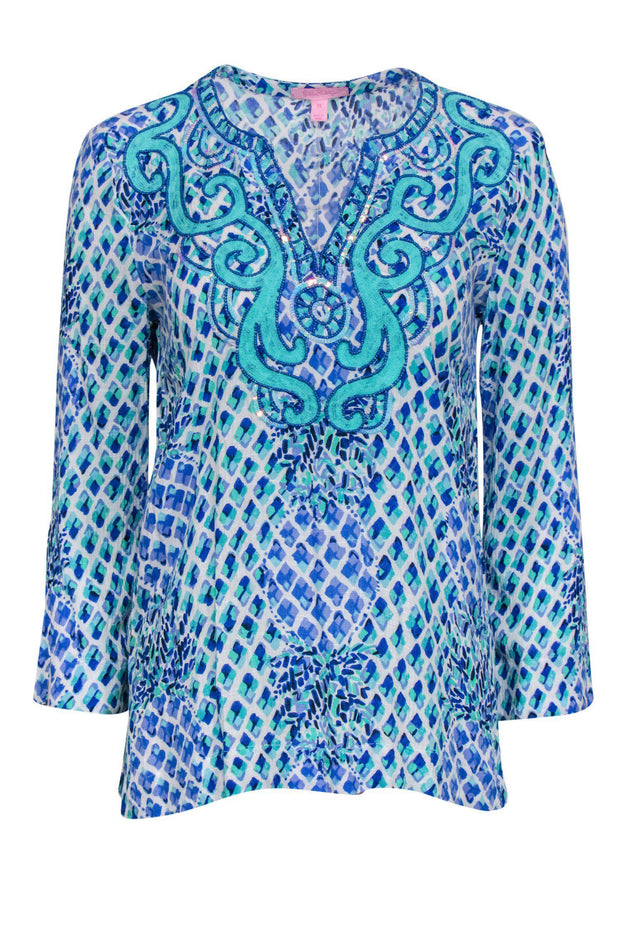 Current Boutique-Lilly Pulitzer - Blue Printed Peasant Blouse w/ Sequins Sz XS