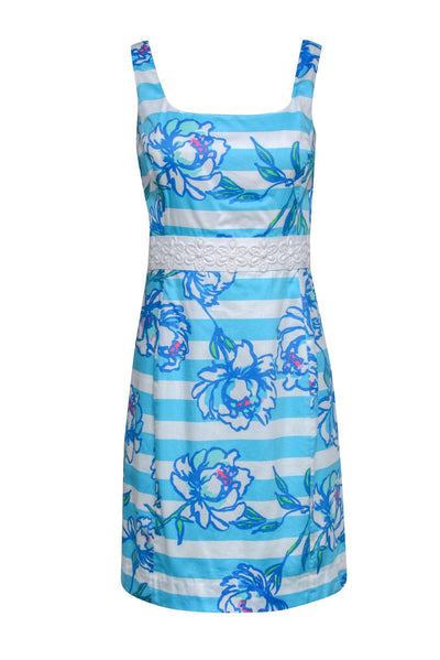 Current Boutique-Lilly Pulitzer - Blue Stripe & Floral Fitted Cotton "Serena" Dress Sz 6