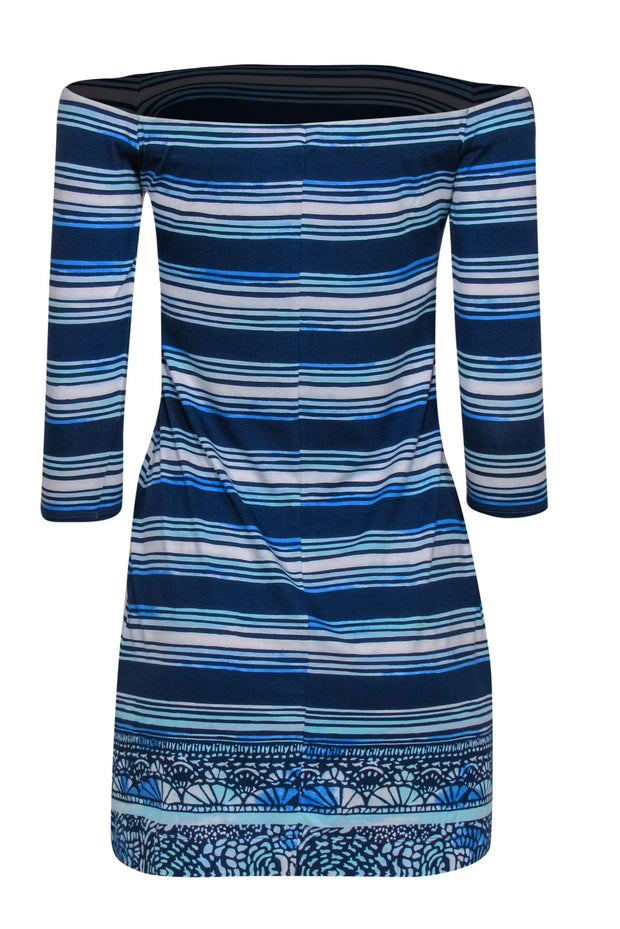 Current Boutique-Lilly Pulitzer - Blue Striped Off-the-Shoulder "Lurana" T-Shirt Dress Sz XS