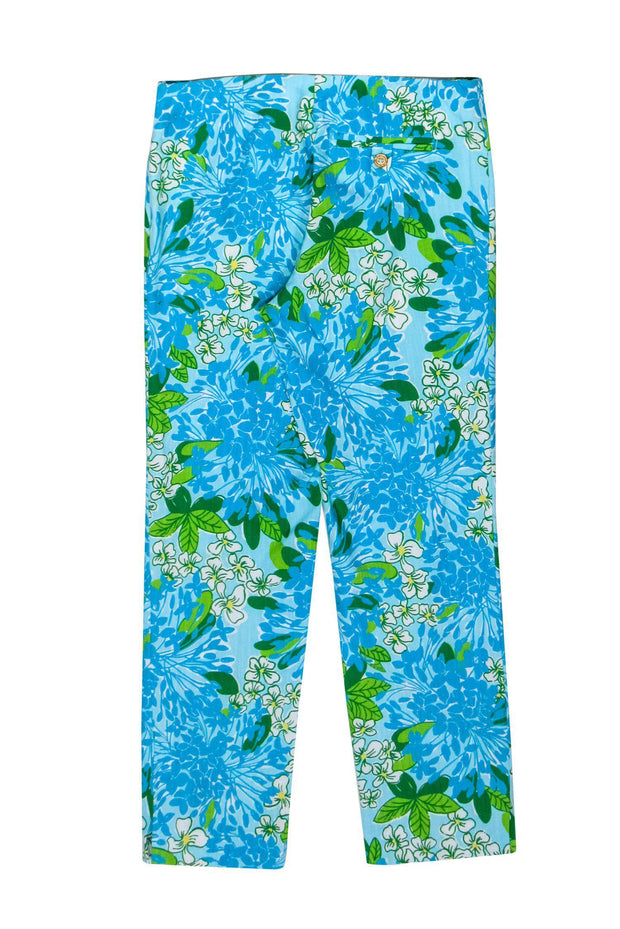 Current Boutique-Lilly Pulitzer - Blue, White & Green Cropped Floral Print Pants Sz 0