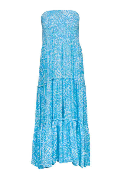 Current Boutique-Lilly Pulitzer - Blue & White Shell Print Strapless Tiered Maxi Dress Sz XS