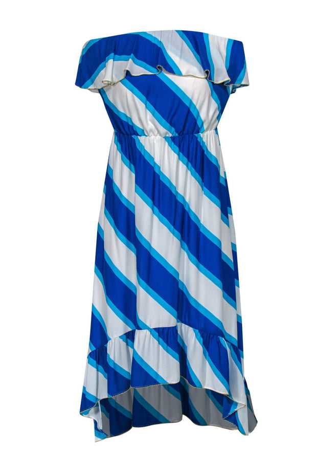 Current Boutique-Lilly Pulitzer - Blue & White Striped Strapless Midi Dress w/ Gold Trim Sz S
