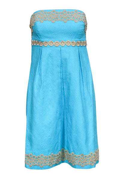 Current Boutique-Lilly Pulitzer - Bright Blue Jacquard Strapless Dress w/ Gold Trim Sz 2