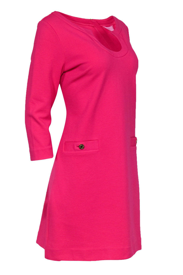 Current Boutique-Lilly Pulitzer - Bright Hot Pink Ribbed Cropped-Sleeve Dress Sz L
