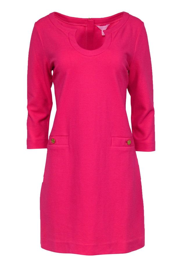 Current Boutique-Lilly Pulitzer - Bright Hot Pink Ribbed Cropped-Sleeve Dress Sz L