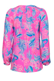 Current Boutique-Lilly Pulitzer - Bright Pink & Blue Floral Silk Peasant Blouse Sz XS
